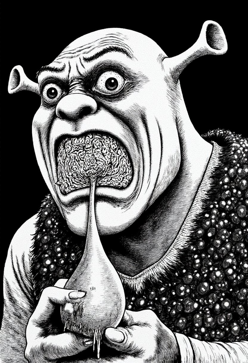 Shrek eating a crying onion in monochrome jitostyle.    <lora:Junji_Ito_Style_F1D:1.3>