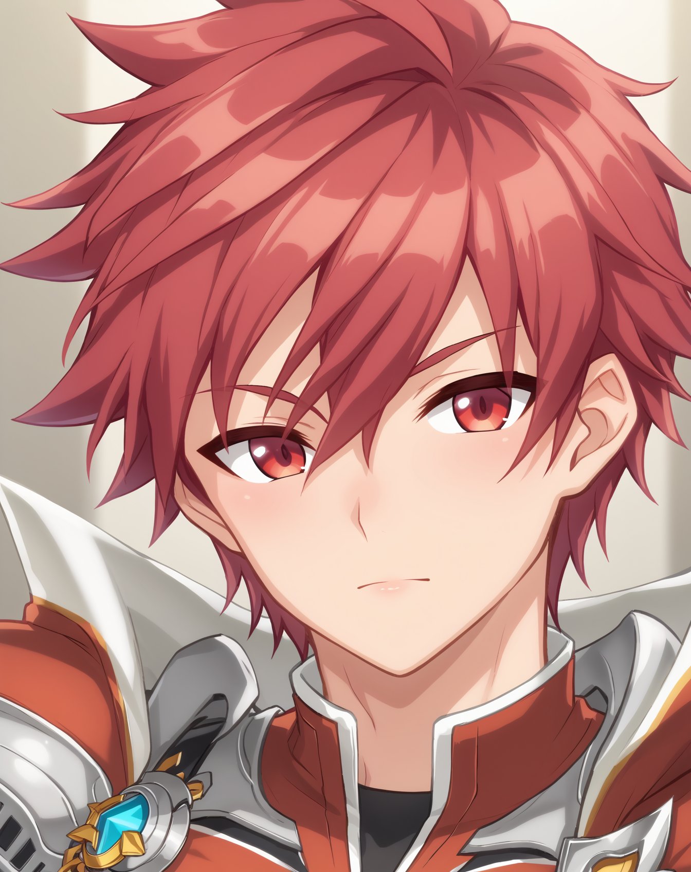 score_9, score_8_up, score_7_up, source_anime, anime screencap, depth of field, questionable, BREAK,1boy, solo, yaoi, male focus, mature male, looking at viewer, facing viewer, standing, straight-on, arms at sides, cowboy shot, <lora:elsword_knight_emperor:1> elswordknightemperor, red hair, red eyes, short hair, hair between eyes, spiked hair, casual, 