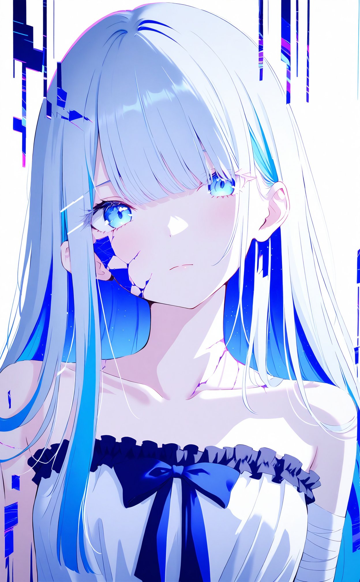 masterpiece,best quality,high quality,1girl,solo,bandages,bandaged arm,long hair,glitch,blue eyes,looking at viewer,dress,colored inner hair,collarbone,closed mouth,white hair,blue theme,cracked skin,frilled dress,white background,bow,frills,upper body,head tilt,white dress,multicolored hair,hand up,blue hair,expressionless,crack,simple background,one eye covered,bare shoulders,straight hair,blue bow,straight-on,hair behind ear,strapless dress,