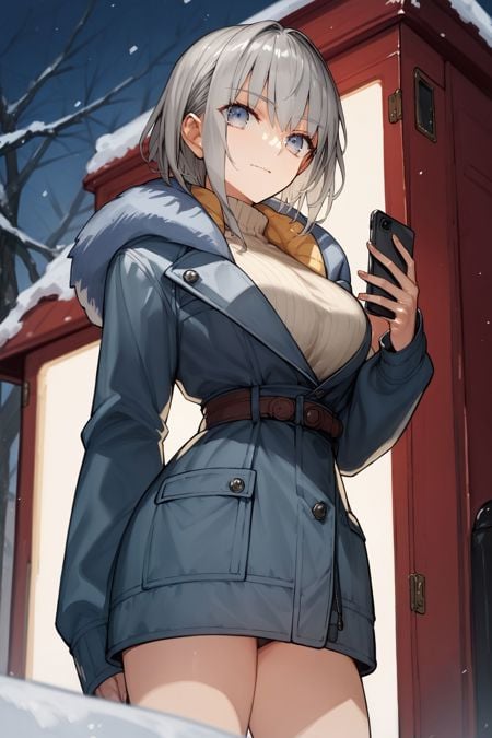 score_9, score_8_up, score_7_up, 1girl, looking at viewer, hand_on_hip, :<, grey hair, bangs, peach eyes, large breasts, dark blue winter coat, frontlighting, phone booth, wide angle <lora:wada_arco_PonyXL_style_v01:1>