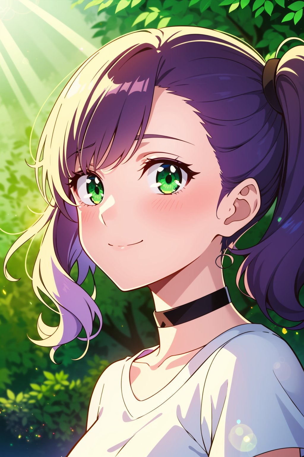 1girl, solo,medium hair, wavy hair, purple hair, green eyes, side ponytail, small breasts, white t-shirt, choker, light smile,portrait, forest, lens flare,masterpiece, best quality, 