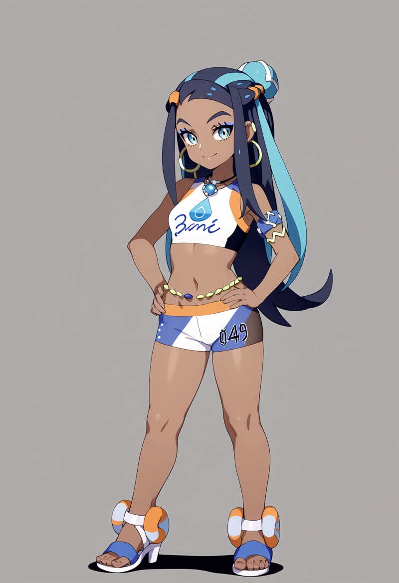 score_9, score_8_up, score_7_up, BREAK,1girl, nessa, black hair, blue hair, long hair, multicolored hair, blue eyes, blue hair,dark skin, single hair bun,armlet, belly chain, bikini, crop top, shorts, single glove, hoop earrings, necklace, midriff, navel, sandals,hands on hips, smile, full body, standing, looking at viewer, solo, simple background, white background   <lora:NessaXL:1>