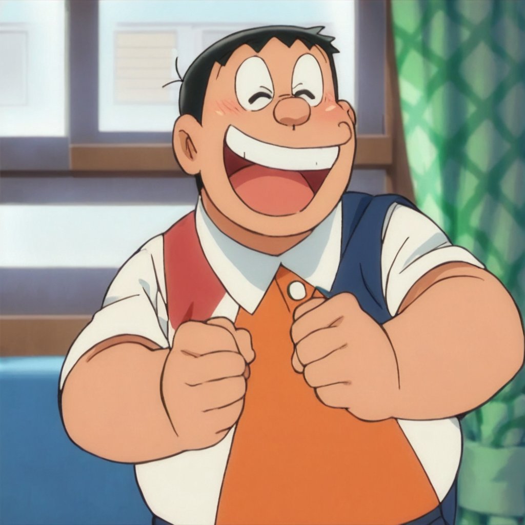 score_9, score_8_up, score_7_up, score_6_up, score_5_up, score_4_up, source_anime, gouda takeshi, 1boy, fat man, male focus, solo, smile, open mouth, black hair, closed eyes, blush, window, parody, child, :d, ^_^, portrait, masterpiece, best quality,<lora:minamoto shizuka and nobita pony:1>