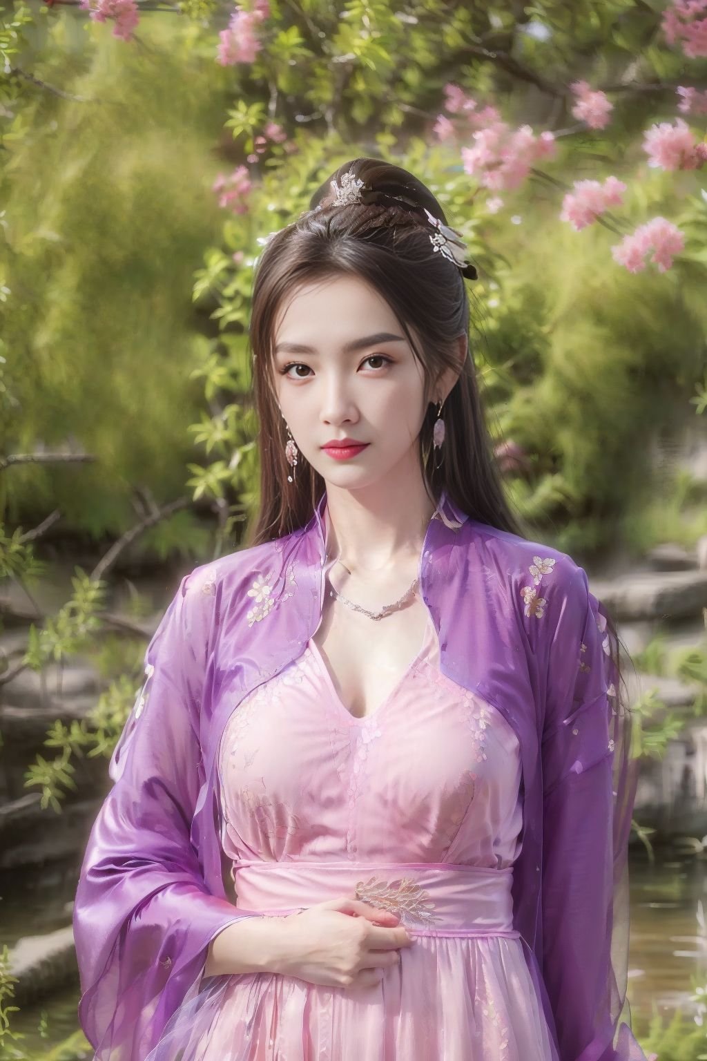 (best quality:1.3, masterpiece:1.3),realistic,(photorealistic:1.2),ultra high res,(1girl, solo),atmospheric perspective,fashi-girl detailed face,make up,(hanfu:1.2),pink lips,parted lips,closed mouth,shiny skin,(brown hair),very long hair,looking at viewer,blueeyes,earrings,slim body,perfect lighting,(front lighting),physically-based rendering,extremely detailed CG unity 8k wallpaper,lips,(china dress, dress:1.2),hair ornament,necklace,jewelry,long hair,earrings,(chinese clothes:1.2),large breasts,outdoors,water,river,Standing by the river,nature,mountain,depth of field,lens 135mm,f1.8,lens flare,floating sakura,flying butterfly,unbuttoned clothes,(upper body:2),dress,jewelry,flower,earrings,,purple dress,