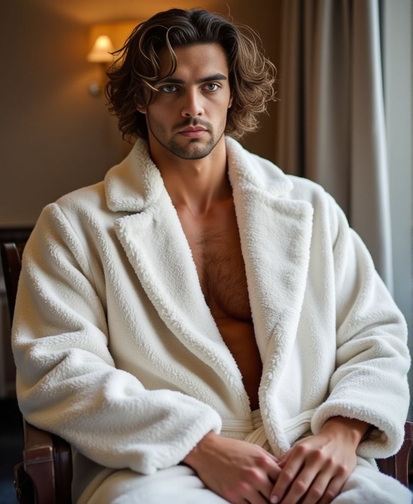 Thomas Ceccon ,  high-resolution photograph,  wearing fitted fluffy white bathrobe. He is sitting on a chair in the spa ar...