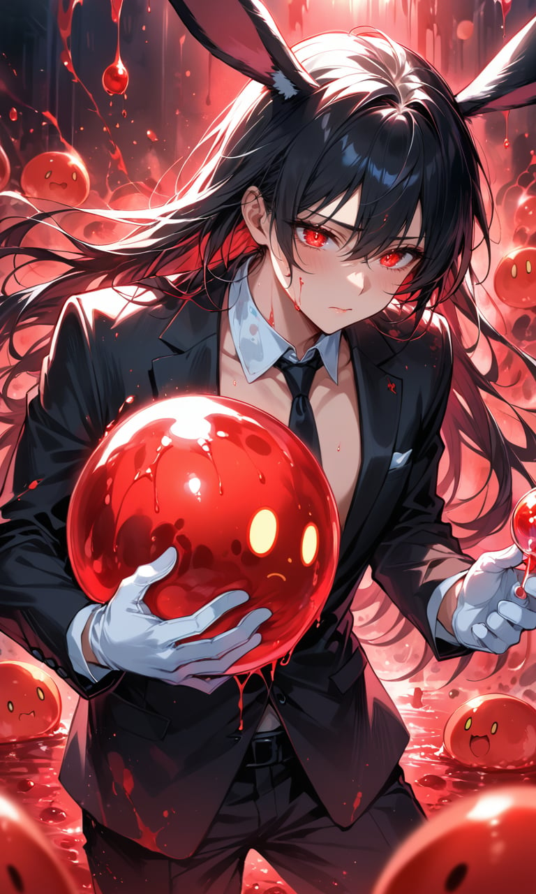 (Depth of field, hdr, 8k wallpaper, cinematic angle, cinematic lighting) (masterpiece, best quality), 1boy, closed mouth, black hair, squish, yandere, black hair, rabbit ears, half open eyes, seductive, black suit, neon colors, holding slime ball, bright colored liquid, splatter everywhere, whoops, deranged, shirtless, black neck tie, white gloves, glowing eyes, chaotic, long hair, floating hair, slime, red slime, spicy, red theme