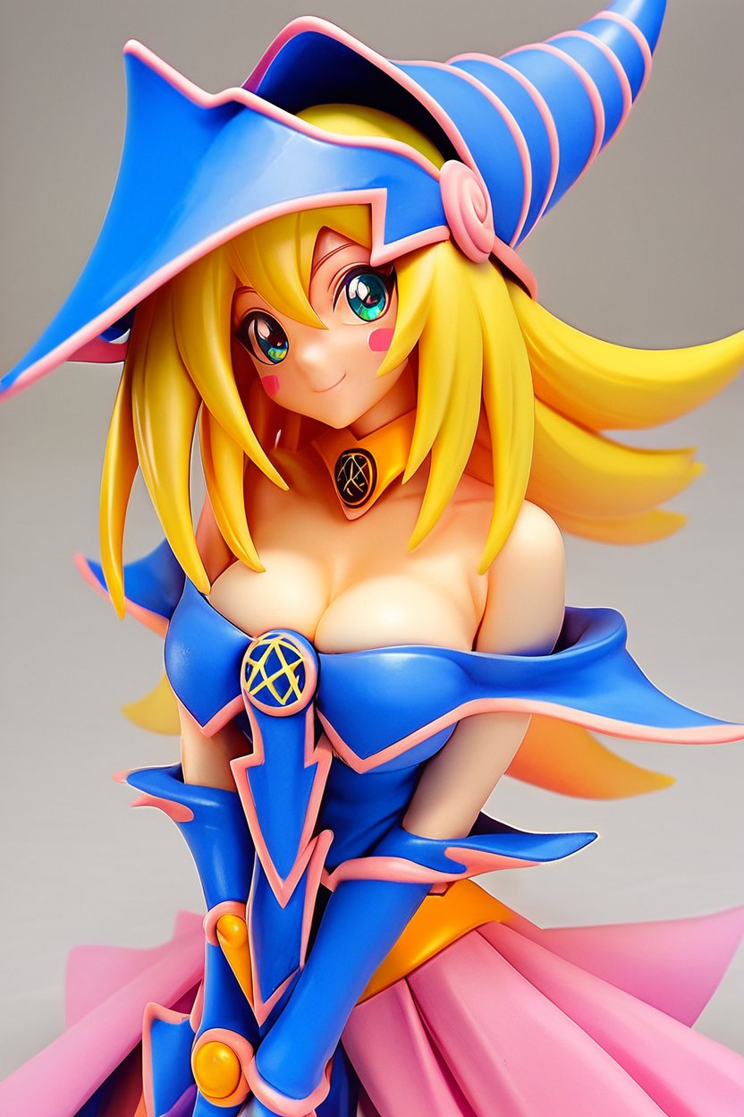 score_9, score_8_up, score_8, medium breasts, cute, eyelashes,    figure,  dark magician girl, blonde, wizard hat, blush, blush stickers, cleavage, bare shoulders, dress, off shoulder, solo, smiling, looking at viewer, cowboy shot,  <lora:Anime_Figure_P1:1>,