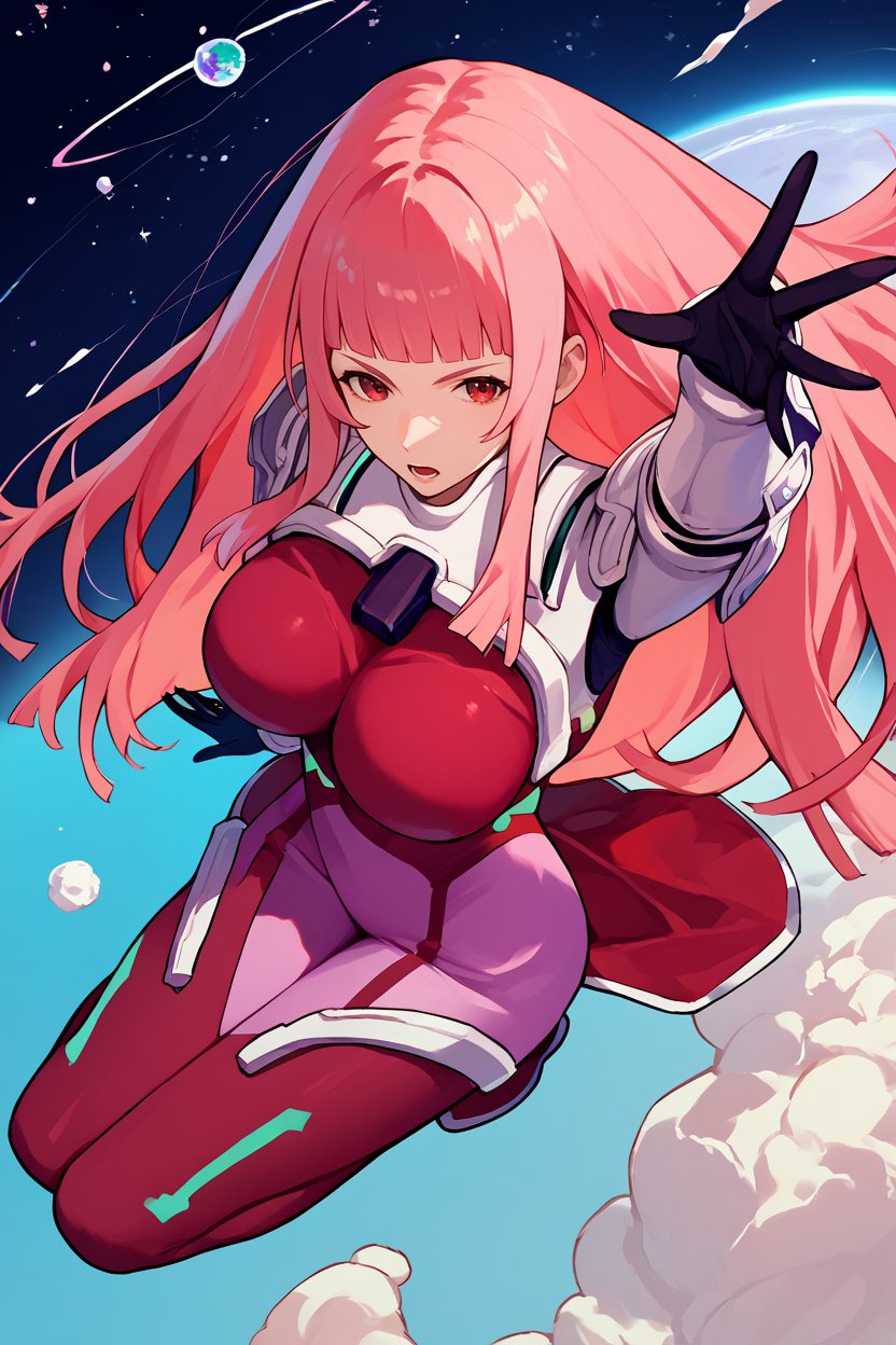 score_9, score_8_up, score_7_up, score_6_up, source_anime, 1girl, solo,   <lora:zoeken-pdxl-nvwls-v1-000008:1> zoeKen, pink hair, long hair, blunt bangs, red eyes, pink bodysuit, black gloves, shoulder pads, gauntlets, large breasts, kneeling, floating, from above, outer space, outstretched hand, looking at you, open mouth