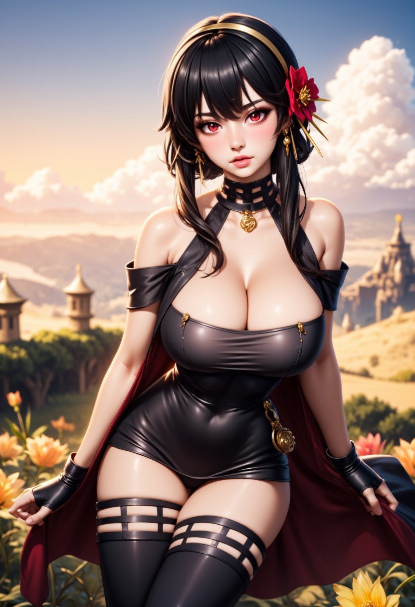 yor briar, 1girl, solo, long hair, breasts, looking at viewer, large breasts, black hair, hair ornament, red eyes, thighhighs, gloves, dress, cleavage, bare shoulders, jewelry, sitting, flower, sidelocks, thighs, hairband, earrings, outdoors, parted lips, sky, choker, black gloves, black thighhighs, cloud, hair flower, fingerless gloves, blurry, black dress, lips, zettai ryouiki, blurry background, rose, sunset, yellow flower, taut clothes, red lips, two-sided fabric, gold earrings, gold hairband, taut dress, two-sided dress,