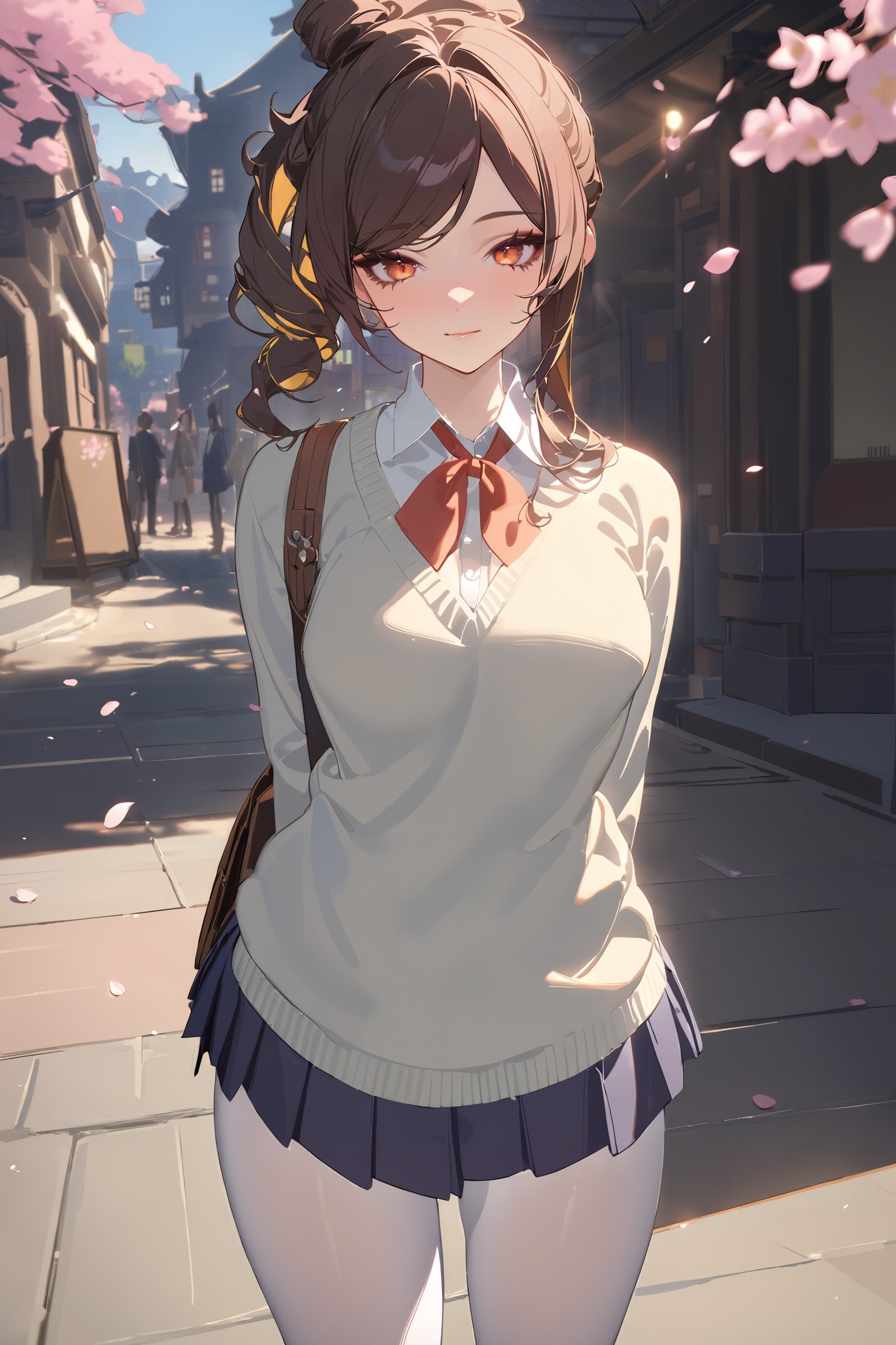 masterpiece, best quality, perfect features, intricate details, ray tracing, newest,(hitenkei, askzy:0.4), 1girl, chiori \(genshin impact\), solo, school uniform, white shirt, sweater, pleated skirt, white pantyhose, light smile, looking at viewer, outdoors, street, cherry blossoms, petals, depth of field <lora:Char-Genshin-Chiori-XL-V1:0.9>  <lora:quality1:0:hr=1>