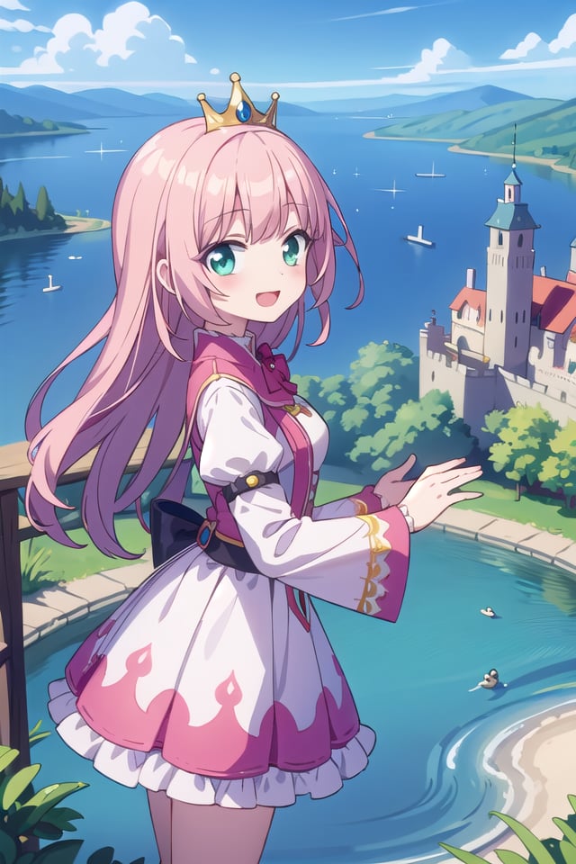 insanely detailed, absurdres, ultra-highres, ultra-detailed, best quality,1 girl, solo, nice hands, perfect hands,BREAK,(wearing princess dress), teara,happy smile, laugh, open mouth,standing,from side, cowboy shot, looking at viewer,BREAK,slender, kawaii, perfect symmetrical face, ultra cute girl, ultra cute face, ultra detailed eyes, ultra detailed hair, ultra cute, ultra beautiful,BREAK,fantasy world, (castle in background, lake:1.3), (very wide, panorama view, sense of depth, magnificent view:1.3)BREAK,princess girl, pink hair, green eyes, medium breasts