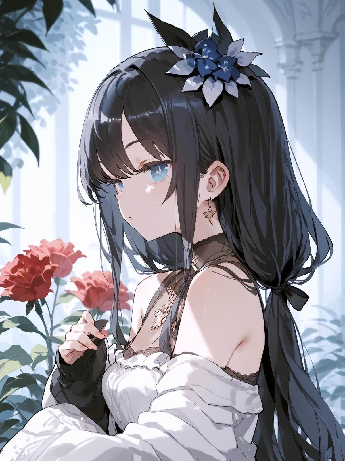 score_anime, score_9, score_8_up, score_7_up, geyser, <lora:Fixhands_V1:1> <lora:DeadflowP:1> DeadflowP, 1girl, solo, upper body, ootd, black hair, blue eyes, closed mouth, dress, earrings, flower, from side, hair flower, hair ornament, jewelry, long hair, long sleeves, mole, mole under eye, parted lips, purple flower, red flower, red rose, rose, smile