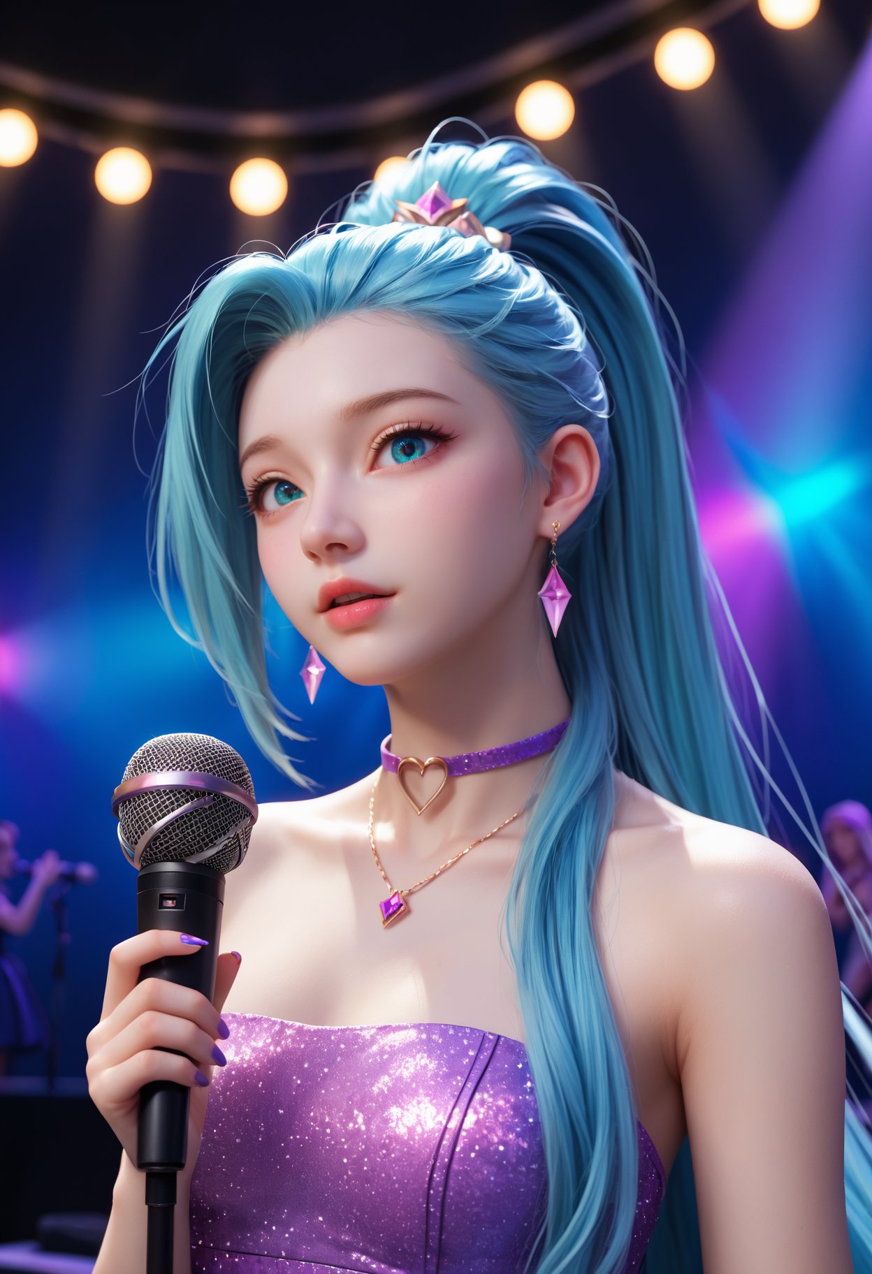 score_9,score_8_up,score_7_up,highly detailed,high budget,masterpiece,best quality,perfect anatomy,very aesthetic,8k,KDA Seraphine from League of Legends,KDA Seraphine outfit,(singing on stage:1.2),holding a microphone,(voluminous long ponytail:1.2),very long hair,indigo hair color,perfect face,adorable,posing,dynamic sexy pose,detailed eyes,detailed face,eye contact,looking at viewer,seductive,flirting,teasing,lifelike art,close up view,dramatic lighting,cute girl,detailed setting,detailed background,(on stage:1.1),