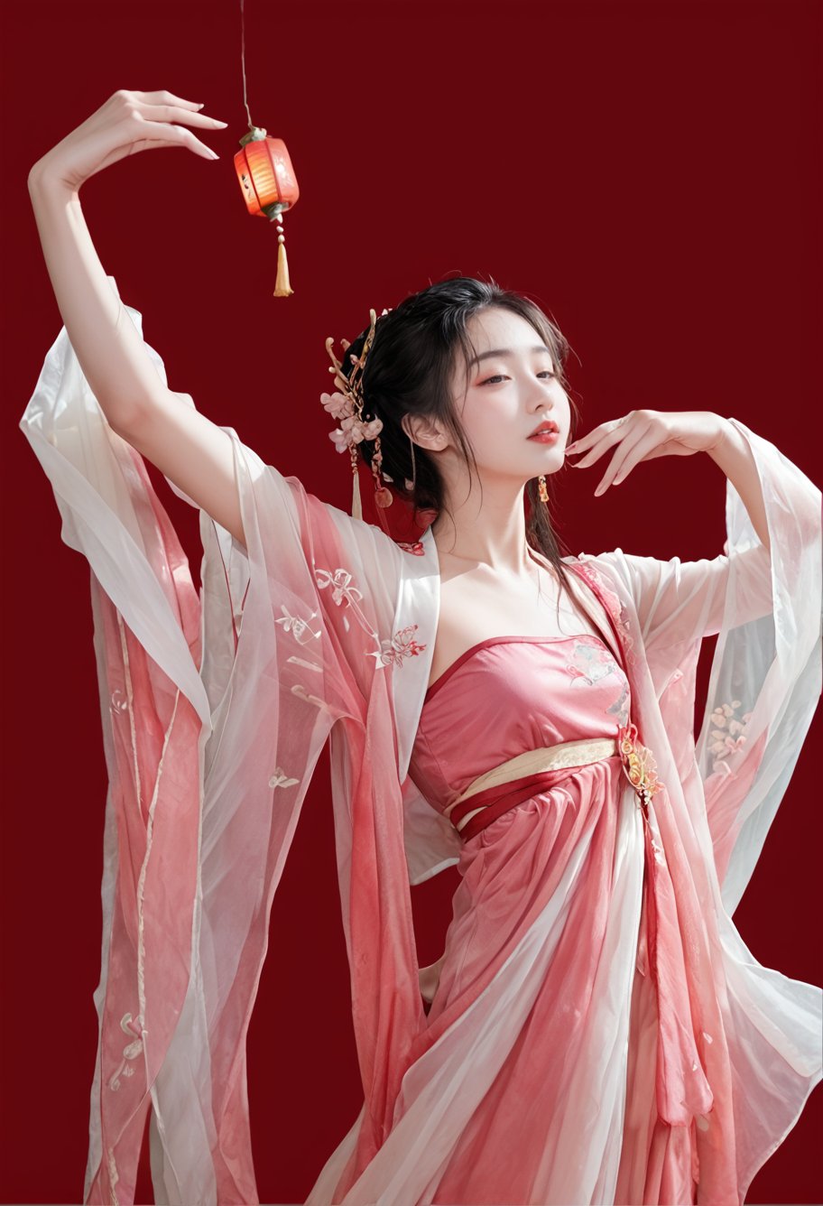 red background,1girl,solo,chinese clothes,dancing,sky lantern,,ruanyi0758,hanfu,pink dress,see-through,shawl,wide sleeves,jewelry,<lora:0758 Peach Blossom Hanfu_v1_pony:1>, score_9,score_8_up,score_7_up,,8k,1girl,solo,