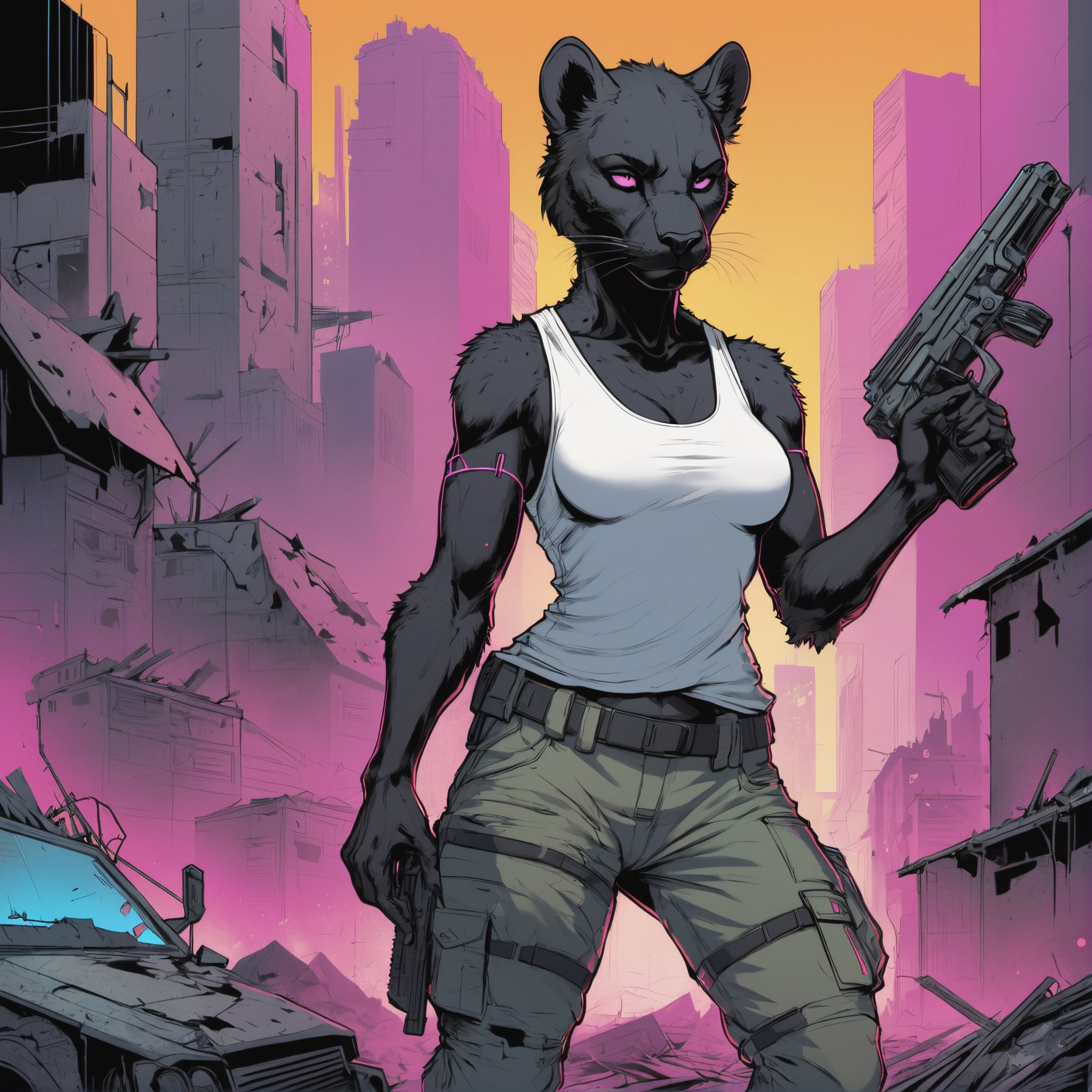 anime artwork, cyberpunk anthro panther ,female, detailed full body black fur, a destroyed city holding a gun, line art, comic, white tank top, cargo pants, Retro style artwork, comic book art, high details, comic book cover, symmetrical, vibrant colors