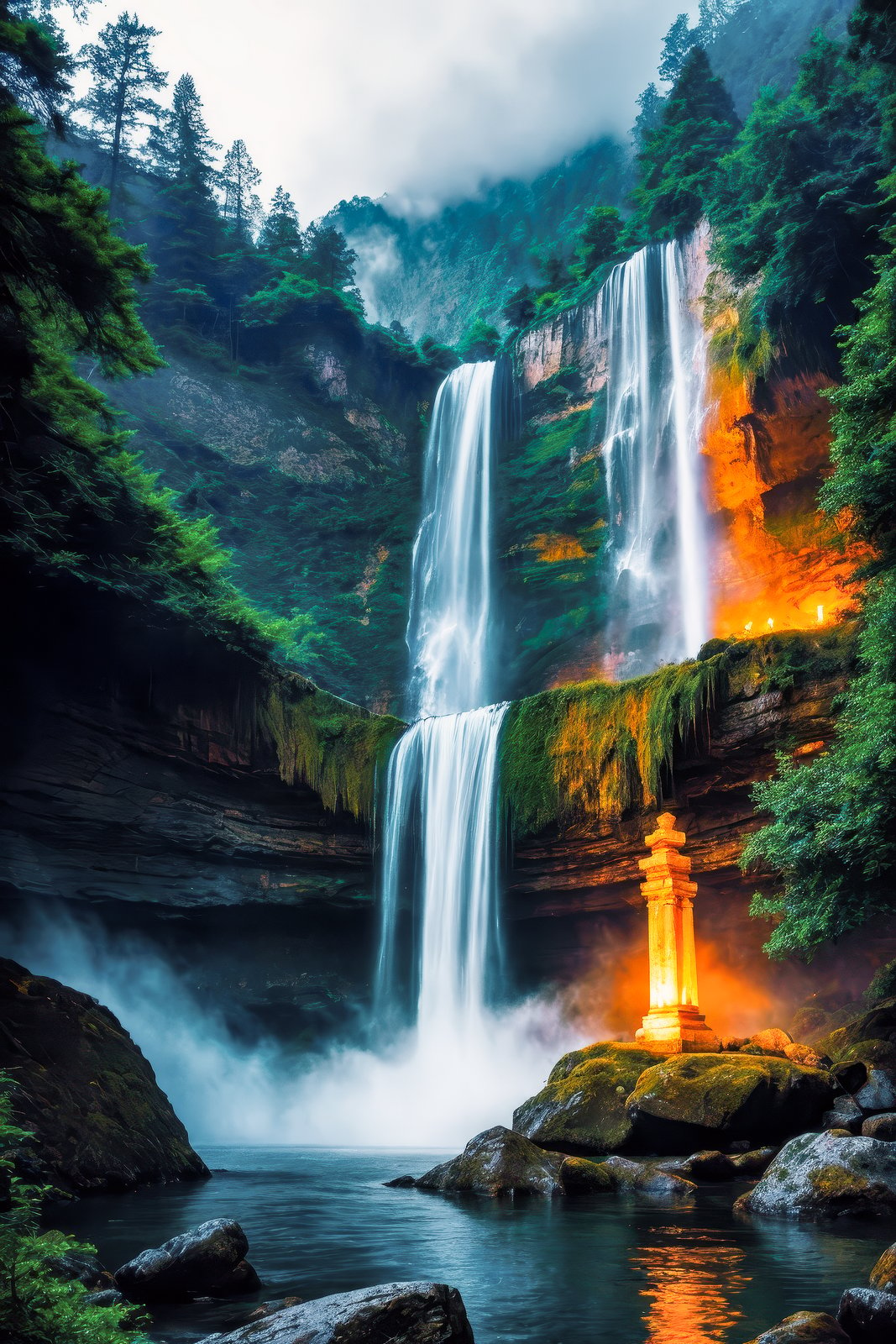 masterpiece, (best quality:1.2), magnificent, maximum details, extremely hyper aesthetic ancient sacred waterfall with mystical energy and glowing mist dream scenery art, landscape