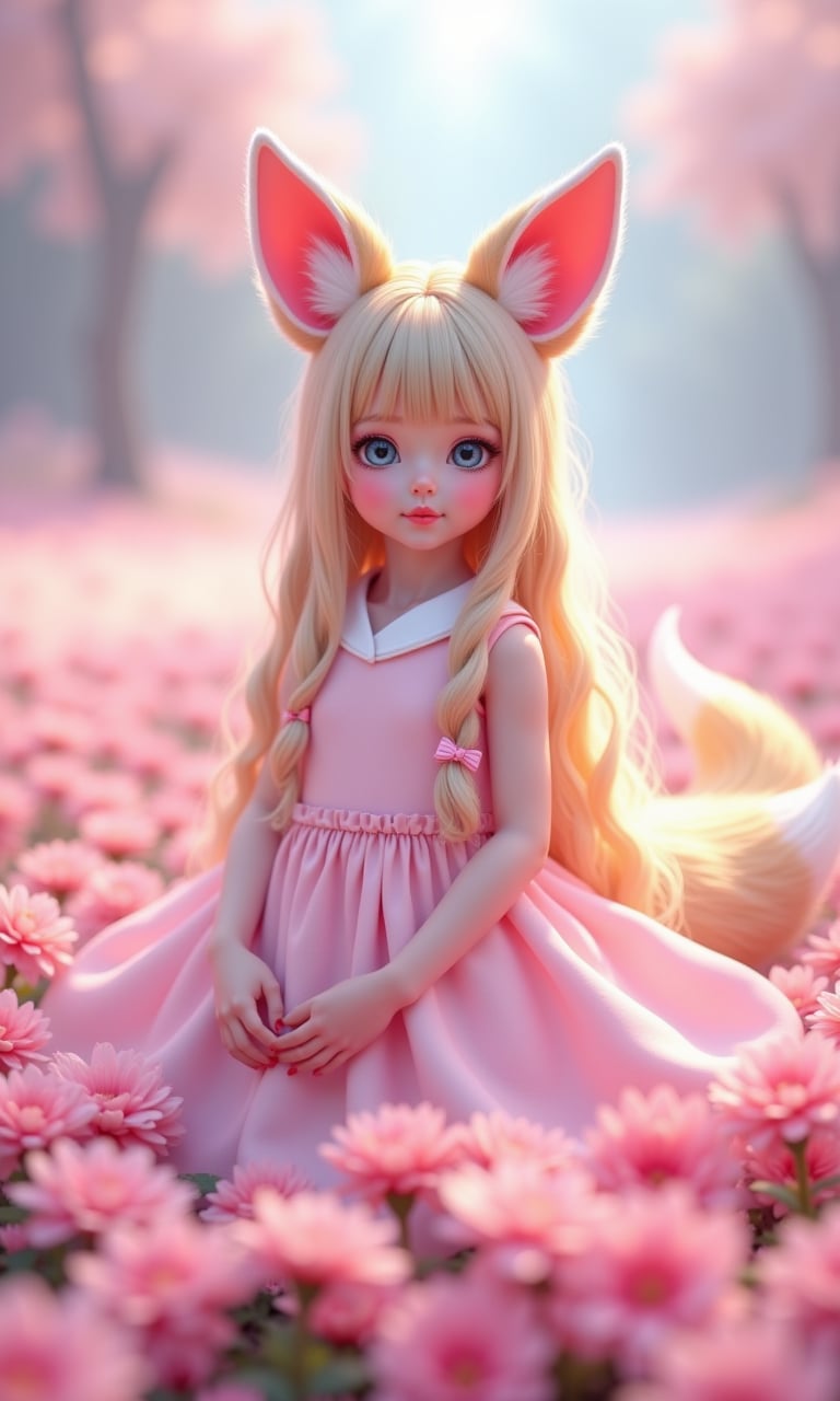 JQZX,A beautiful photo with a fox tail,fox ears,a cute little girl with 9 tails,a very cute face,the image is a portrait of a young girl with long blonde hair and blue eyes. she is wearing a pink dress with a white collar and a pink tutu skirt. her hair is styled in two braids that are pulled back in two pigtails. she has a pair of large pink cat ears on top of her head,which are shaped **** fox ears. the girl is standing in a field of pink flowers with a blurred background. the overall mood of the image is dreamy and whimsical.,Aurora background,perfect face,perfect hands,detailed symmetrical circular iris,love magic,beautiful sky realism,stunning realism photos,3D rendering,octane rendering,complex details,movies,isometric,fantasy themes,mysterious,deformed art masterpieces,deep red eyes,color grading,lighting illustrations,ultimate quality,extremely detailed,ultra-fine faces,ultra-high definition 8k. Pink,Concept Art,Ultra Fine Fantasy,Complex Details,Flash Screen,Complementary Color Fantasy Concept Art,8K Resolution,Soft Lighting,Cinematography,Film Granularity,Surrealism,