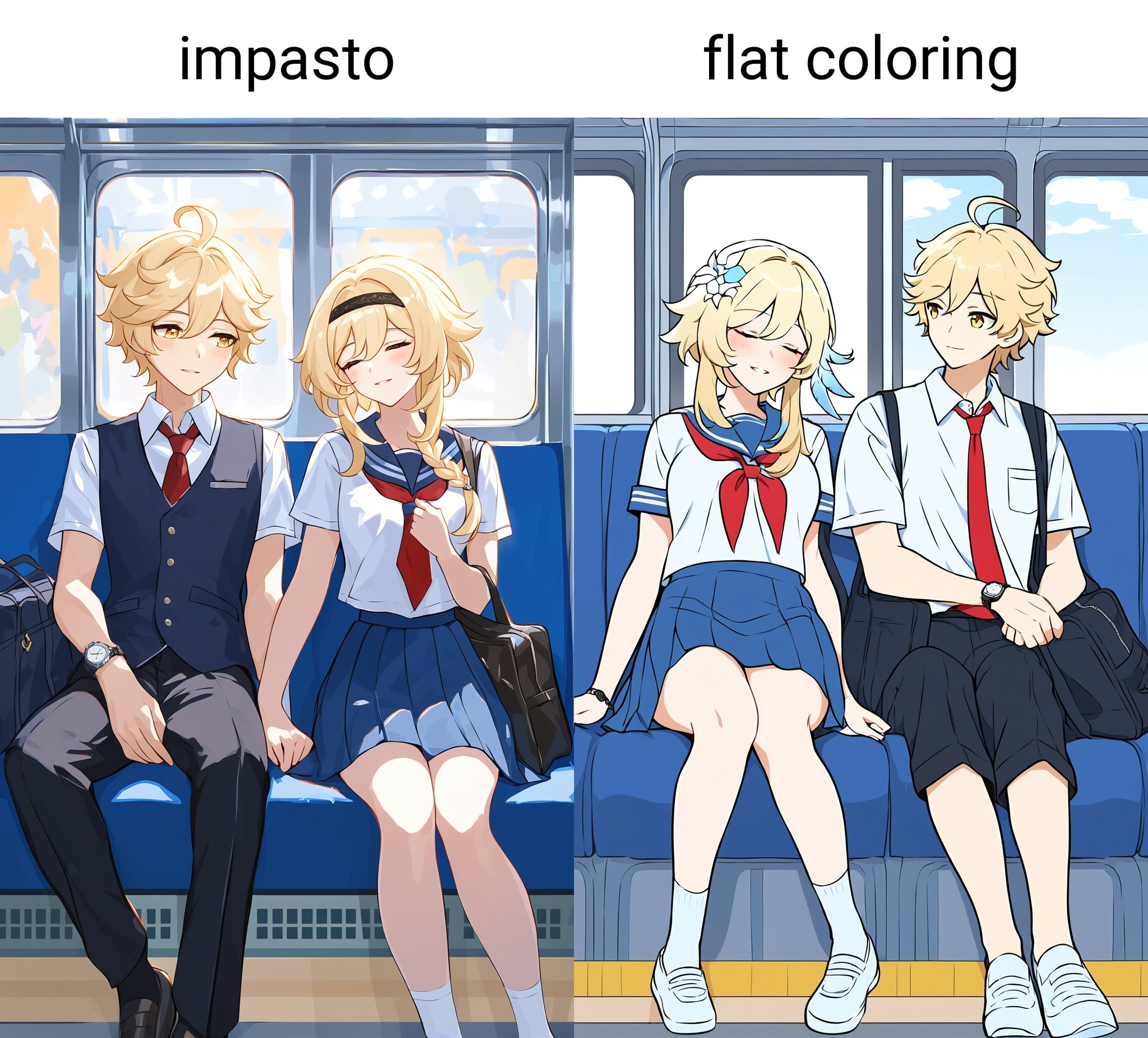 masterpiece,impasto,aether (genshin impact),lumine (genshin impact),blonde hair,school uniform,1girl,sleeping,1boy,sitting,serafuku,shirt,sailor collar,necktie,siblings,short sleeves,yellow eyes,neckerchief,bag,pants,white shirt,skirt,braid,closed eyes,hairband,red neckerchief,long hair,watch,red necktie,black hairband,smile,black pants,brother and sister,ahoge,train interior,bangs,blush,contemporary,blue skirt,hair ornament,braided ponytail,school bag,wristwatch,alternate costume,hair between eyes,parted lips,blue sailor collar,collared shirt,vest,short hair with long locks,window,single braid,feather hair ornament,