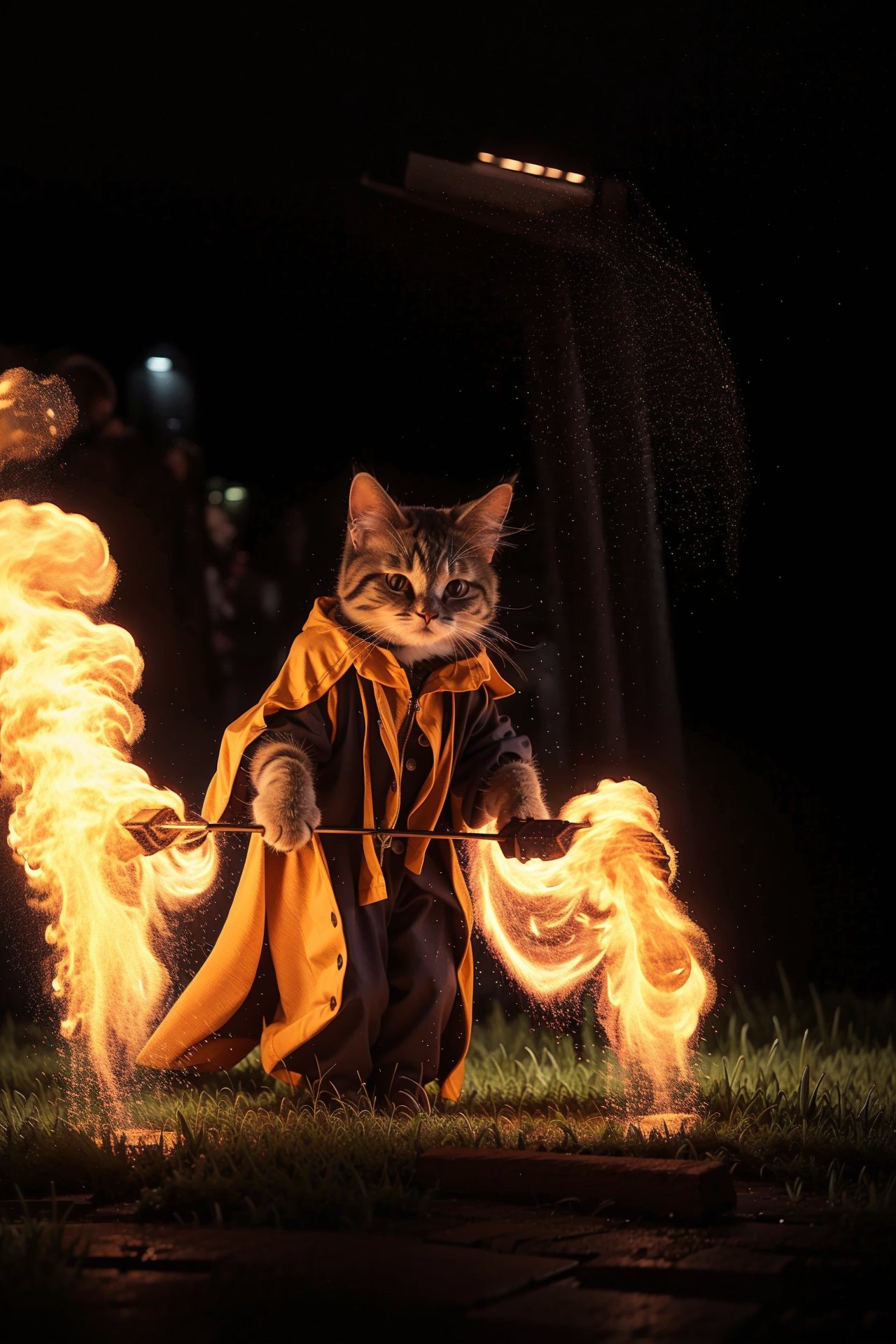 (masterpiece),(best quality),ultra detailed,hdr,a cat,catman,HUOHU art,fire,Black background,at night,