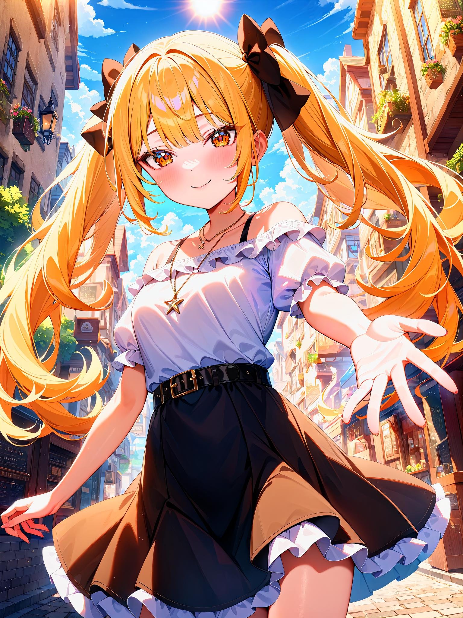 masterpiece, best quality, very aesthetic, absurdres, newest, 1girl, cute girl, original, medium breasts, brown eyes, orange eyes, slanted eyes, teenage,pale yellow hair, blonde hair, twintails, long hair, eyebrows visible through hair,white shirt, short sleeves, puffy sleeves, white frills, off shoulder, bare shoulders,frilled skirt, hair bow, black bow, black skirt, belt, necklace, star \(symbol\),smile, closed mouth,street, town, day, blue sky, sun, sunlight, reaching out,<lora:FaceCheek_B_R_XL:1> <lora:FaceLight_B_R_XL:1> <lora:EyeShape_A_Tsurime_XL:1>