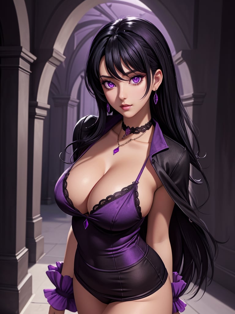 sexy sultry black hair purple eyes cleavage l00nelv1a looking at viewer, masterpiece, best quality, high quality, detailed background, <lora:Sexy_Black_Hair_Purple_Eyed_Succubus_-_Generic_Character:0.5>, <lora:image enhancer soft_v1:1.0>, <lora:SDXLrender_v2.0:0.6>