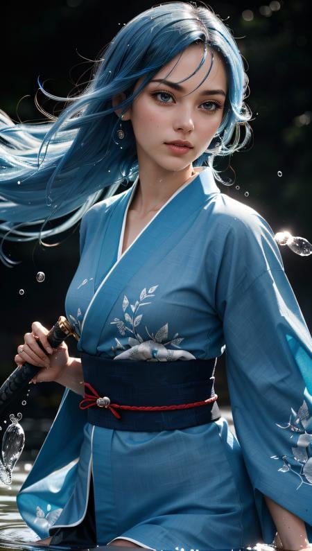 (best quality, masterpiece, colorful, dynamic angle, highest detailed)full body photo, ull body photo epic realistic, (close up), 1girl, floating blue_hair, long hair, (water:0.7), waterdrop, wet, holding_katana, blue_kimono with intricate pattern, ultra detailed, (textured_clothing), black_background,  (intricate details, hyperdetailed:1.15), detailed, light passing through hair, (official art, extreme detailed, highest detailed),