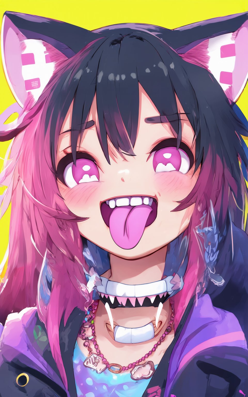 anime style, 1girl,long hair,looking at viewer,smile,open mouth,black hair,animal ears,jewelry,jacket,pink hair,multicolored hair,teeth,tongue,cat ears,tongue out,pink eyes,necklace,collar,gradient hair,glowing,fangs,slit pupils,bandaid,glowing eyes,bandaid on face