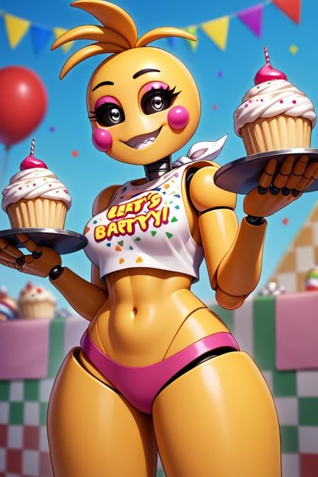 score_9, score_8_up, score_7_up, BREAK, 1girl, solo,  <lora:toychica-guy-PONYv1:1>, toychica, yellow skin, joints, robot, makeup, crop top, pink panties, depth of field, looking at viewer, happy birthday, smile, cupcake, holding tray