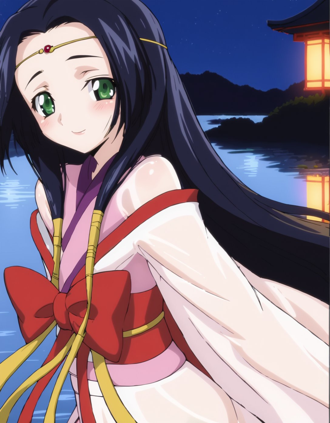 score 9, score 8 up, score 7 up, rating questionable,detailed background,<lora:kaguya.pony:1>,kaguya,wide hips, shiny skin,blush, light smile, half-closed eyes, look back, kimono, night, lake, visible body line, see-through, 