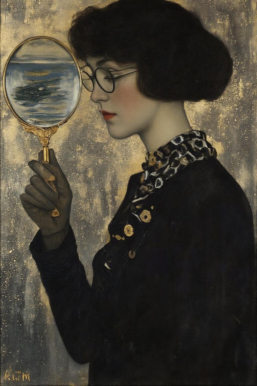 kl1mt painting. Portrait of a female detective scowling into a magnifying glass. The glass is crystal clear,  showing a wa...