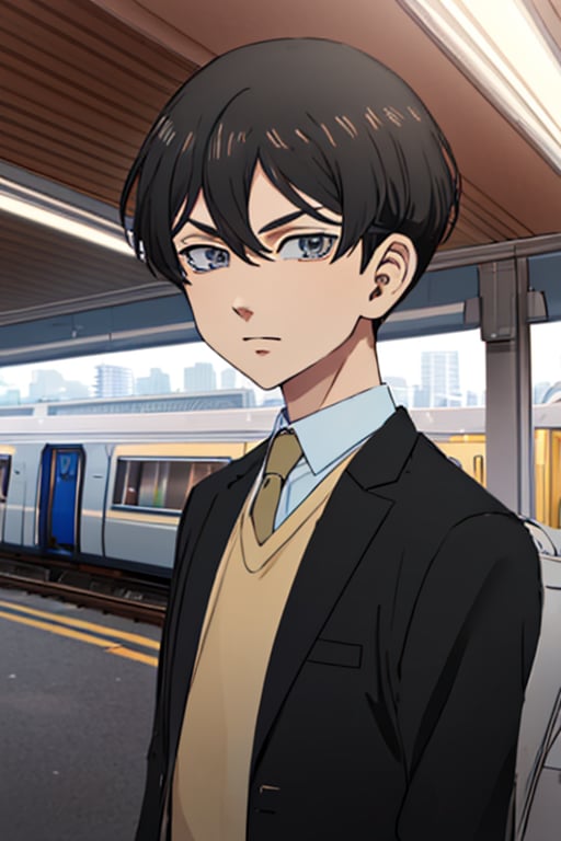 (best quality:1.1), (masterpiece:1.4), sketch, looking at viewer, upper body, , anime coloring, , 1boy, solo, male focus, <lora:naoto_tachibana:1>, naoto_tachibana, black hair, grey eyes, , , train station, HDR