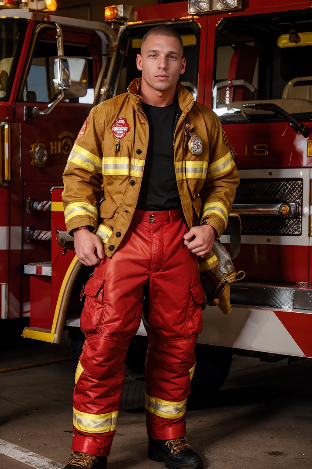 firehouse,  standing beside a fire engine,  BrandonPMyers is a fireman by txhorn75 on Tensor.Art