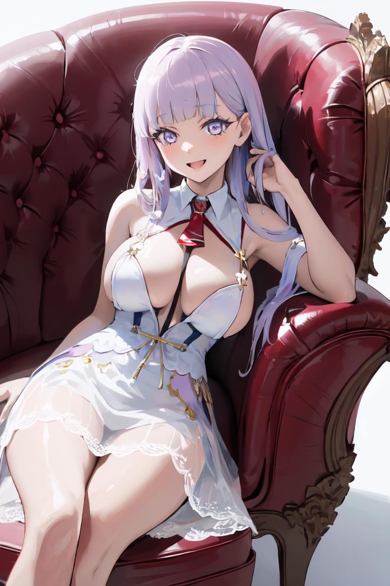 (masterpiece:1.3), best quality, high quality, absurdres, 8K, ultra HD, high resolution, extremely detailed, 1girl, solo, solo focus, close-up, sitting, crossed legs, (head rest:1.2), arm support, plmtazln, long hair, large breasts, bare shoulders, blunt bangs, white dress, see-through dress, cleavage cutout, (between breasts:1.2), laughing, simple background,<lora:plmtazln_v306e1:1> 