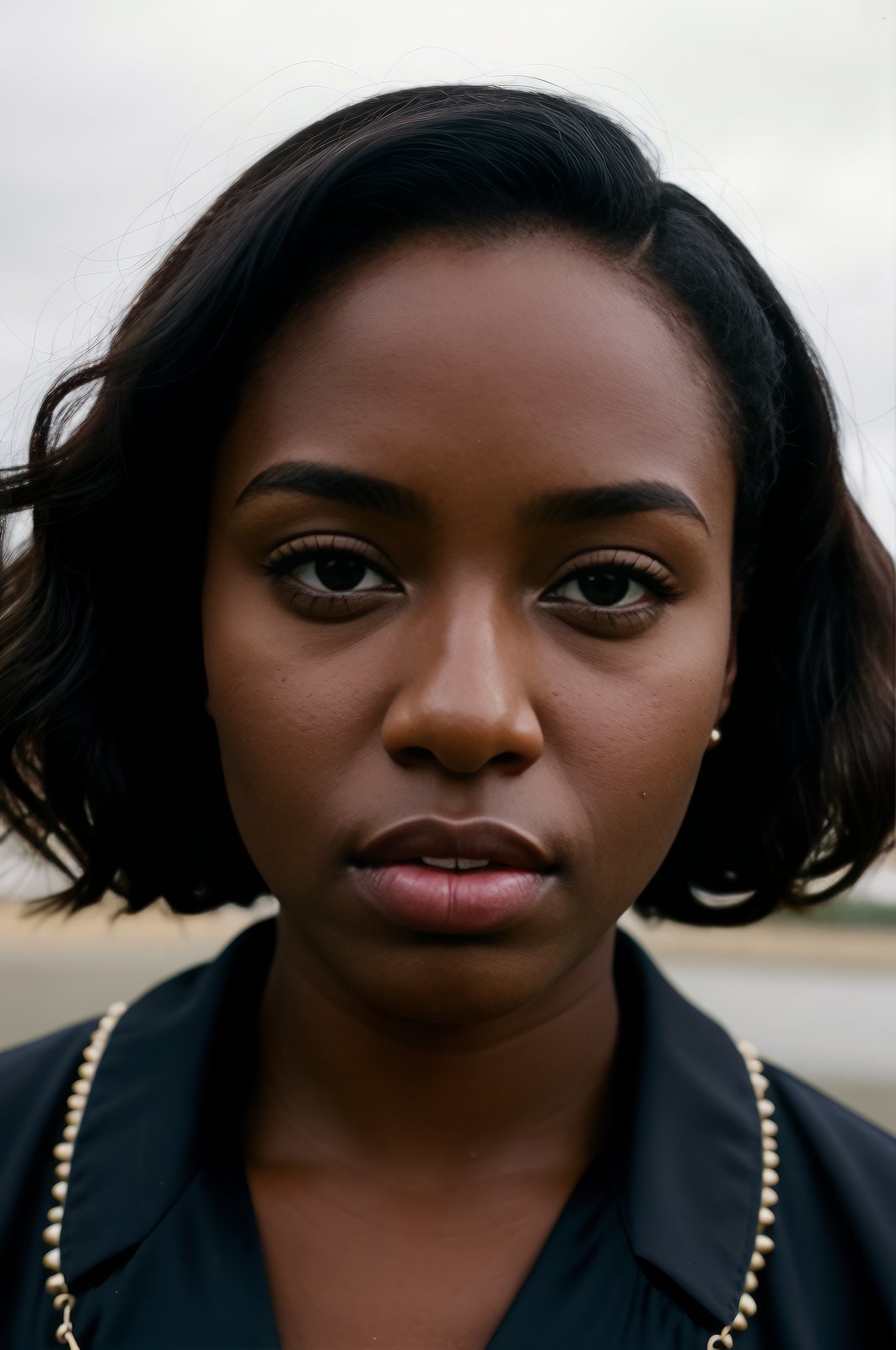 instant photo photo of a beautiful young black woman, devastated facial expression, satin pajama top with high-waisted trousers, close up on face, under overcast lighting, from above, shot on a Bolex H16