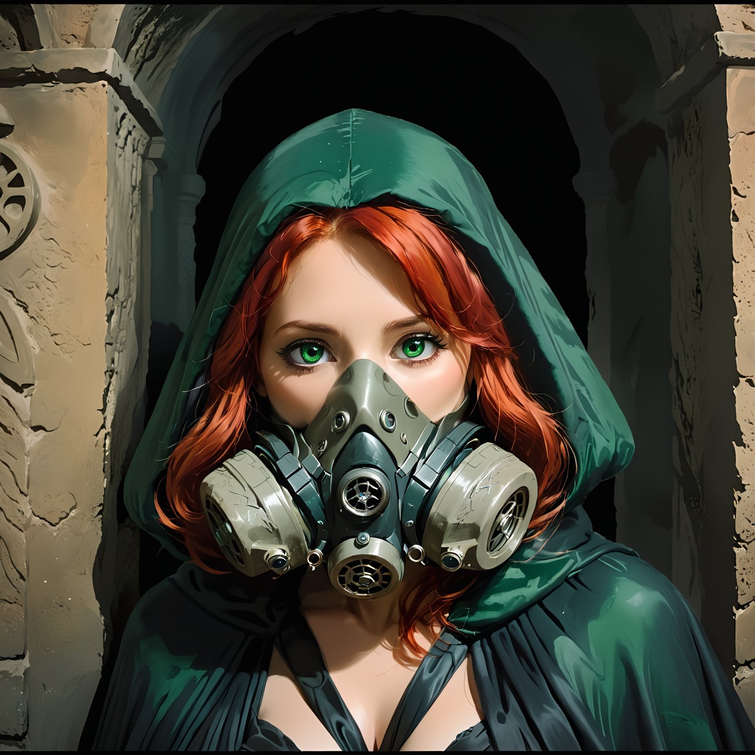 analog film photo high quality, nodf_xl, cpfmask_xl-cmplx, gas mask, solo, green eyes, red hair, Ancient 1girl, cleavage, breasts, black cloak, Ancient,close up, portrait, inside tomb, underground, looking at viewer, nighttime, <lora:cpfmask_xl:1>, <lora:nodf_xl:0.5> . faded film, desaturated, 35mm photo, grainy, vignette, vintage, Kodachrome, Lomography, stained, highly detailed, found footage