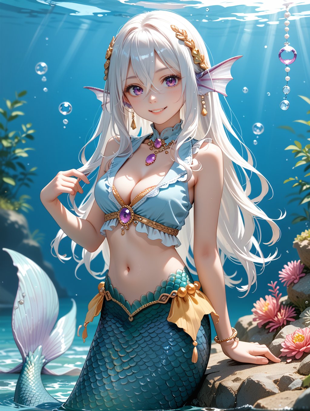 score_9, score_8_up, score_7_up,1girl, (mermaid), mermaid tail, monster girl, purple eyes, long hair, hair between eyes, white hair, head fins, purple scales, cleavage, navel, midriff, sleeveless, blue top, yellow chest wrap, jewelry, beads, pearl (gemstone), smile, looking at viewer, 