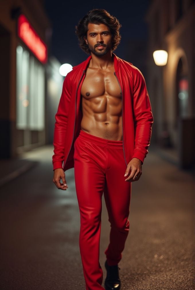 Vijay Devarakonda ,  realistic photo in a worn ((skin-revealing skimpy erotic red tracksuit,  massive pecs)) by HottiesnHo...