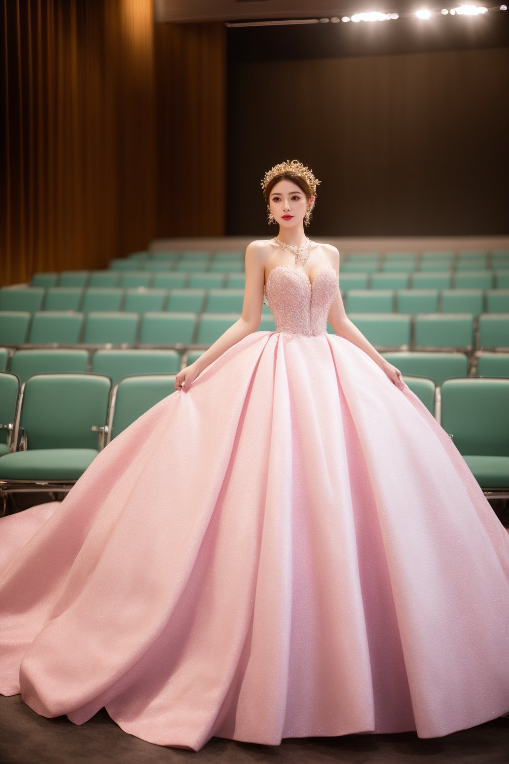 1girl,upper body,pink wedding dress,goyain,necklace,auditorium,, masterpiece,best quality,ultra-detailed,