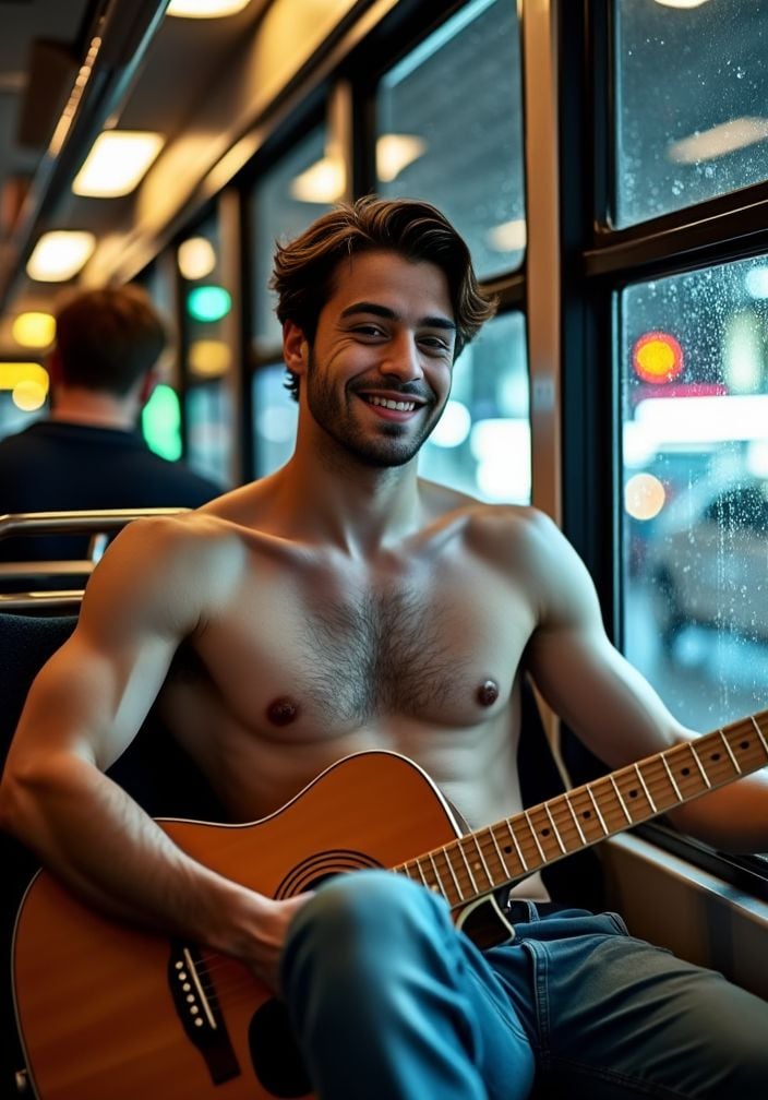 Jules Bouyer ,  playing guitar shirtless in a bus,  background is rainy weather by HottiesnHotties on Tensor.Art