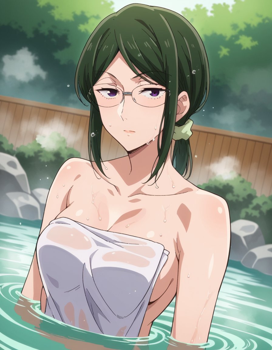 score_9, score_8_up, score_7_up, source_anime,hanakokoyanagi, <lora:hanako-koyanagi-s1-ponyxl-lora-nochekaiser:1>,hanako koyanagi, green hair, low ponytail, purple eyes, glasses,nude, naked,outdoors, onsen, towel, naked towel, steam, bathing, nude cover, partially submerged, water, bath, steam censor, wet towel,looking at viewer, dutch angle, cowboy shot,