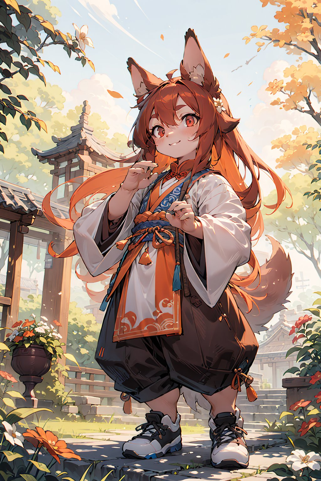 best hands,best quality,(masterpiece,ultra detailed 8k art,illustration),kung fu, (human face, 1 girl,drooping ears dog),out door, chinese clothes,orange long hair, (orange drooping ears),(drooping ears:1.2), orange tail, red eyes,flower garden,  looking up at the sky BREAKsmile,(full body), kung fu shoes