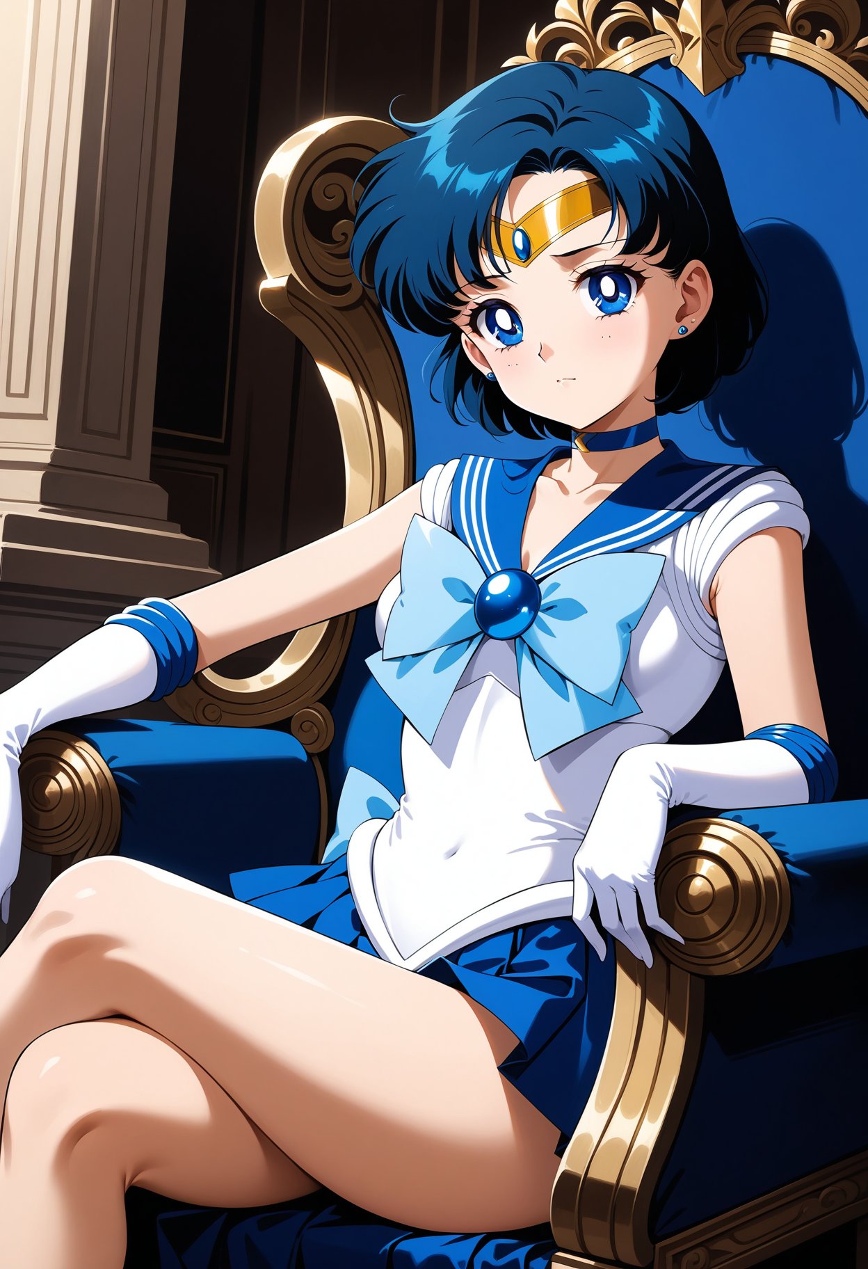 (masterpiece, best quality, very aesthetic, ultra detailed), intricate details, 4k, aamercury, short hair, blue hair, tiara, earrings, blue eyes, blue choker, blue sailor collar, blue bowtie, white shirt, elbow gloves, white gloves, pleated skirt, blue skirt, bare legs, <lora:sailor_mercury_animaginexl_v1:0.9>, sitting, throne, indoors, crossed legs