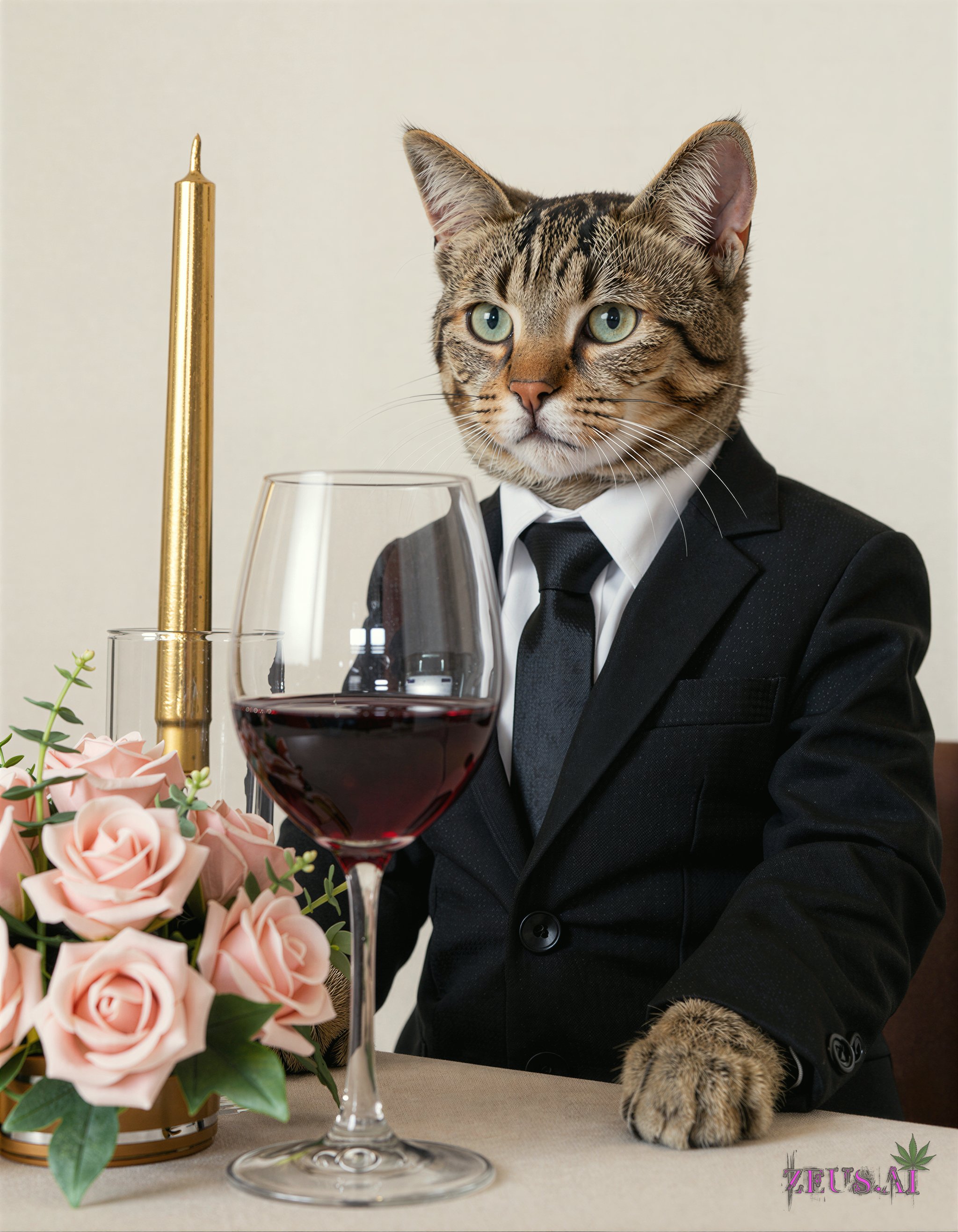 Create an image of a dignified tabby cat,  impeccably dressed in a tailored black suit with a crisp white shirt and black...