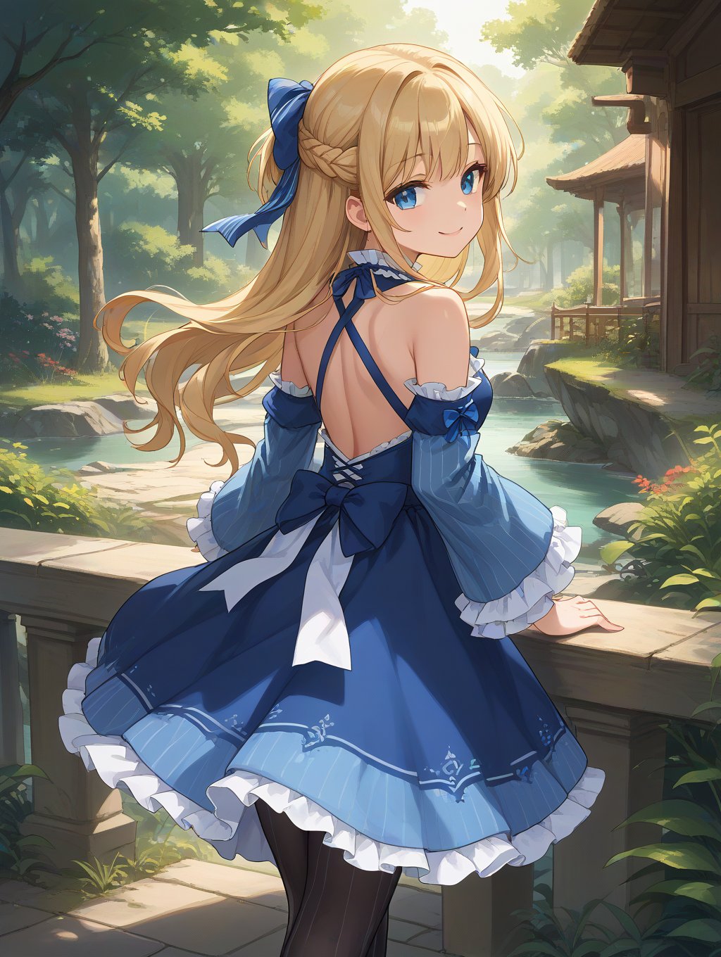 score_9, score_8_up, score_7_up,source_anime,BREAK, from behind, looking back, smile, french braid, half updo, Hair ribbon, frilled choker, criss-cross halter, sleeveless dress, high-waist skirt, backless dress, blue dress, waist blue bow, detached sleeves, frilled sleeves, wide sleeves, blue sleeves, black pantyhose, patterned legwear, pinstripe pantyhose, mary janes,