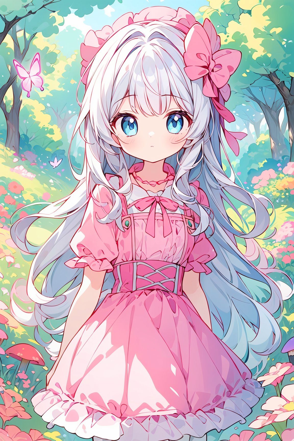 The image is an illustration of a young girl with long white hair and blue eyes. She is wearing a pink dress with a large...
