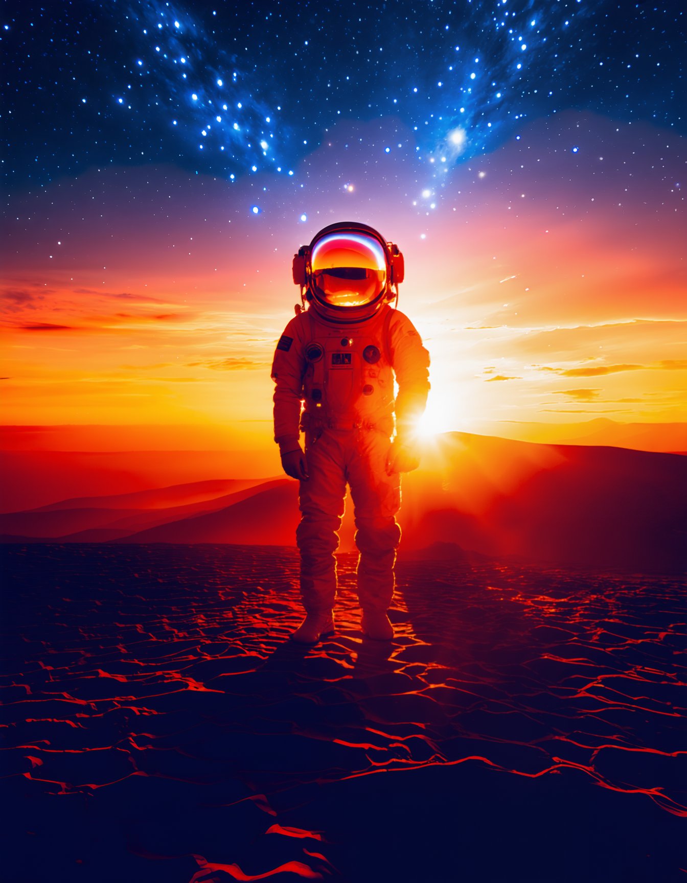 (best quality,4k,highres,masterpiece:1.2),ultra-detailed,realistic,photorealistic:1.37,astronaut,orange astronaut outfit,standing against a sunset background,surreal atmosphere,cosmic colors,vibrant orange tones,striking silhouette,star-filled sky,awe-inspiring view,glowing helmet reflection,flawless spacesuit,ornate details,meticulously crafted visor,elegant posing,captivating celestial scenery,serene and dreamlike setting,extravagant cosmic perspective,ray of sunlight illuminating the astronaut,sublime space exploration,otherworldly experience ,