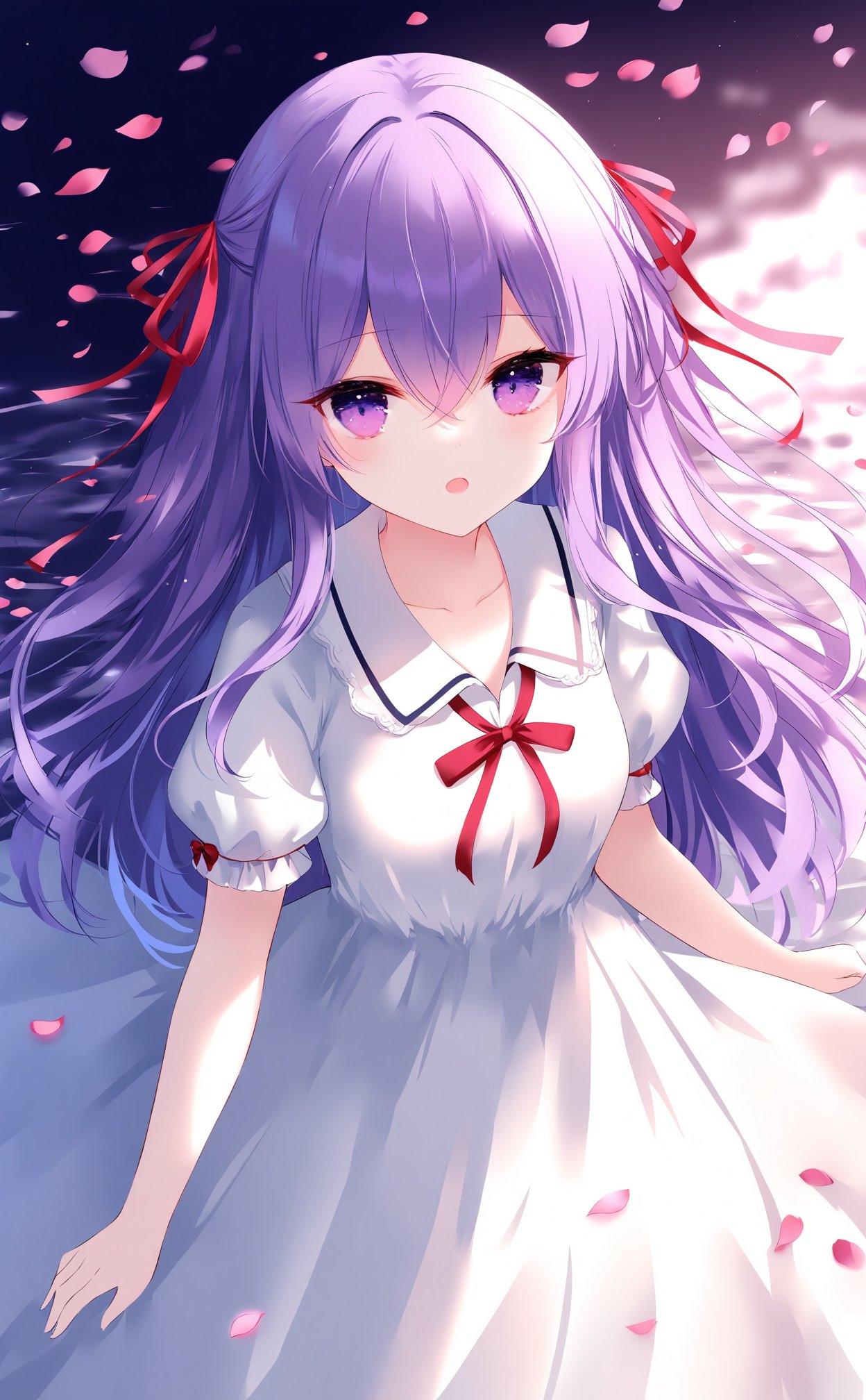 (masterpiece),(best quality),illustration,ultra detailed,hdr,Depth of field,(colorful),loli,[Artist wlop],[[Artist sheya]],[Artist chen bin],Artist hiten_(hitenkei),1girl,solo,dress,long hair,official alternate costume,ribbon,purple hair,matou sakura,purple eyes,hair ribbon,white dress,open mouth,short sleeves,looking at viewer,red ribbon,puffy short sleeves,hair between eyes,puffy sleeves,breasts,petals,collared dress,collarbone,