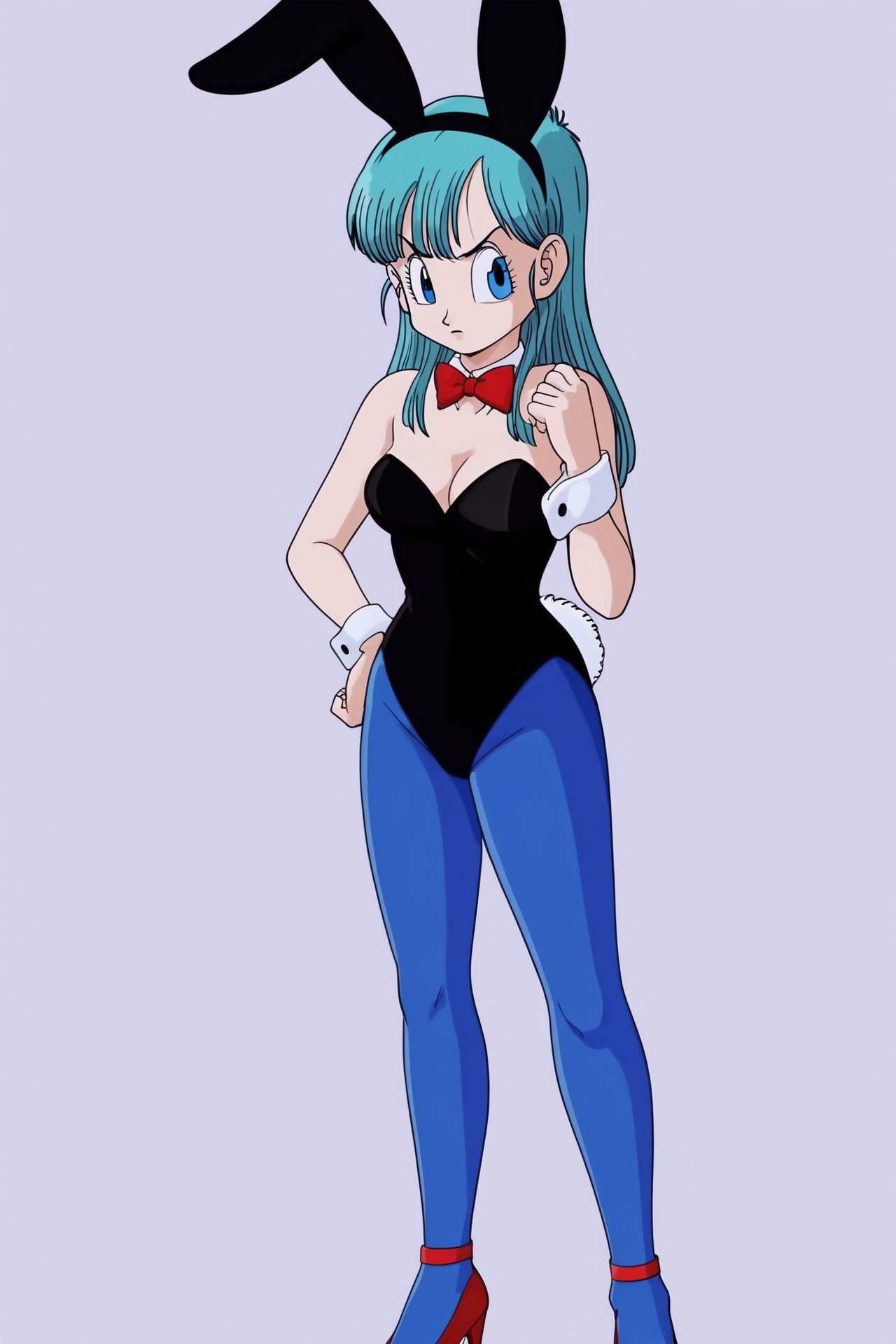 source_anime, score_9, score_8_up, score_7_up, anime screencap, bulma \(dragonball\), 1girl, annoyed, solo, long hair, breasts, looking at viewer, blue eyes, simple background, white background, bow, animal ears, cleavage, medium breasts, standing, tail, full body, pantyhose, bowtie, rabbit ears, red bow, high heels, leotard, strapless, aqua hair, detached collar, fake animal ears, playboy bunny, crossed arms, red footwear, rabbit_tail, red bowtie, black leotard, strapless leotard, blue pantyhose, collarbone, fake tail, black headband, looking to the side, v-shaped eyebrows, wrist cuffs, blue legwear, eyelashes, eyebrows <lora:bulma_pony_v1:0.8>