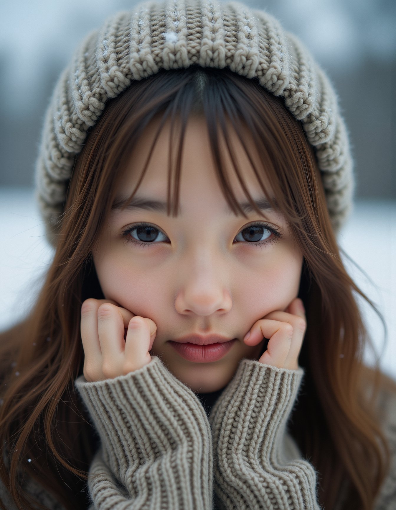 best quality, masterpiece, analogue photo of adult girl in sweater and sweater hat, looking at viewer, long hair, head shot, hold cheeks with hands, close-up, extremely beautiful detailed face, medium breasts, (cute face, temptations look), eye level, professional photo, high contrast exposure, soft bokeh, high key light, hard shadow, soft bokeh, snowing, snowing background, <lora:hinaFluxAsianMixLora_v2-rev4:0.8>