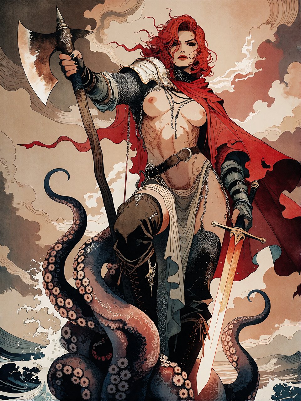 Bradhamel art style. A powerful red-haired warrior woman with muscular build,  clad in ornate chainmail and leather armor,...